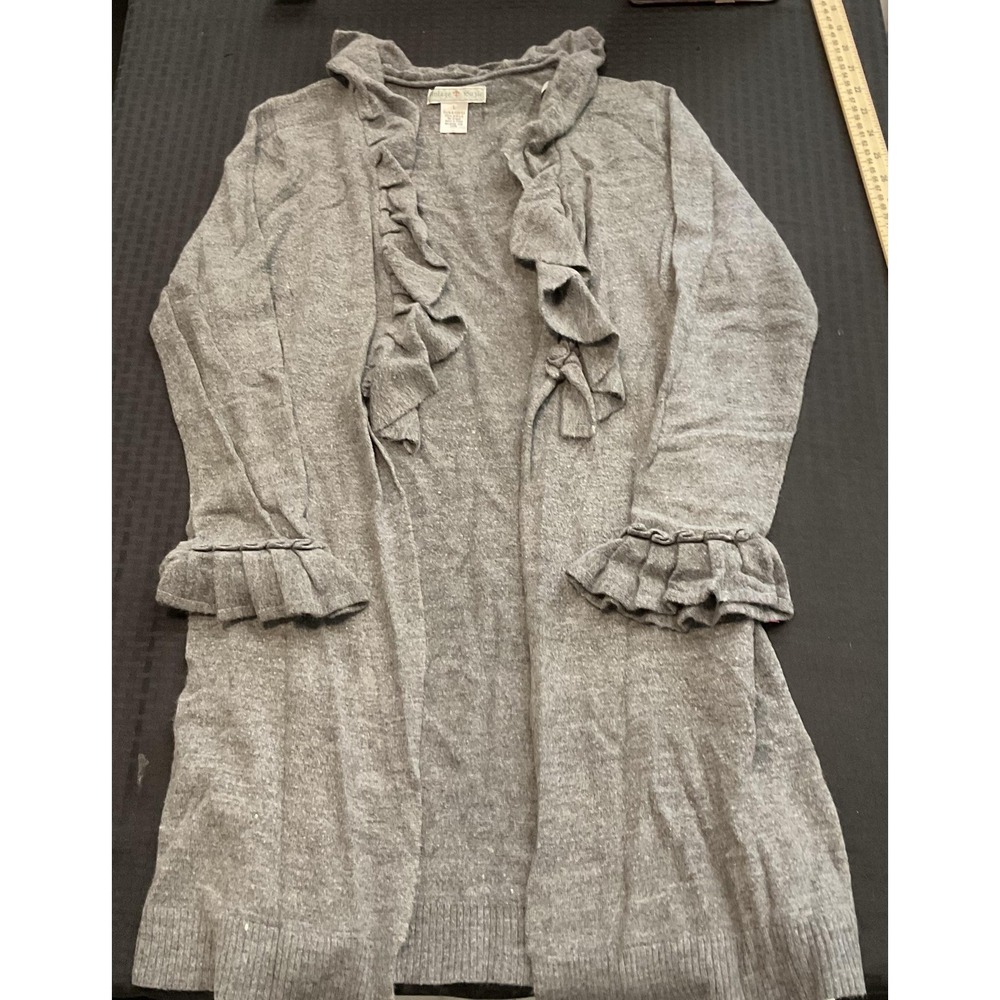 Vintage Suzie Cardigan Sweater Womens Large Gray Ruffle Bell Sleeve Open Knit